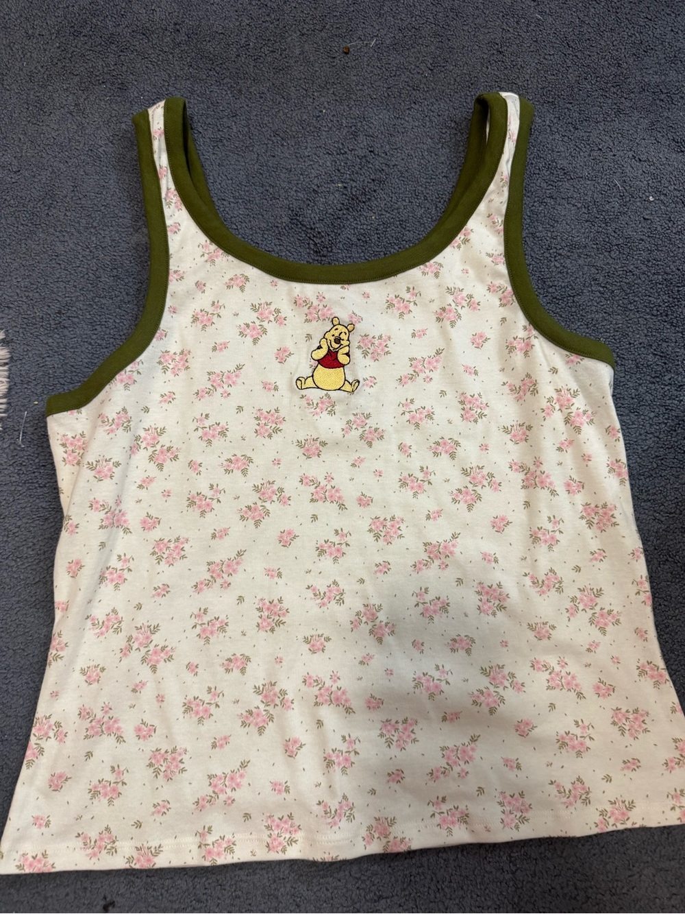 Winnie the Pooh Floral Tank Top - Cream & Olive Trim